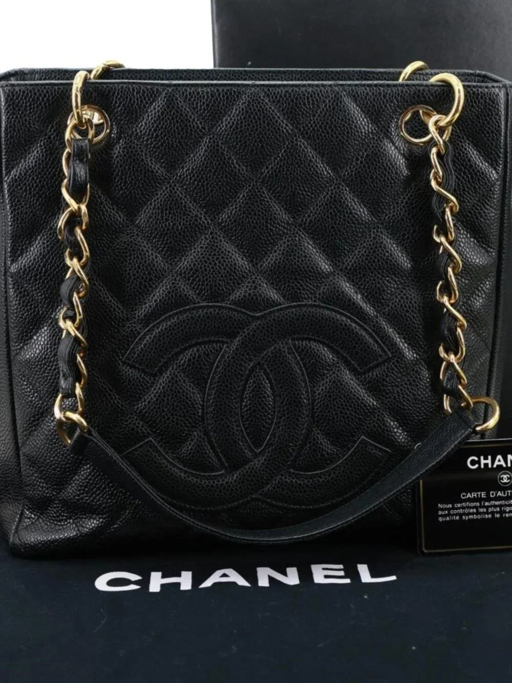 Chanel PST Petite Quilted Caviar Leather Shopping Tote Black